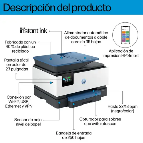 OfficeJet Pro 9125e Inalámbrico All-in-One Color Impresora, Servicio Instant Ink  Impresión a doble cara - Imagen 4