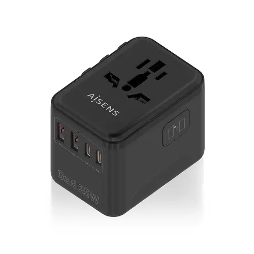 Adaptador Enchufe Universal Para Viaje EU/USA/UK/AU Con Cargador USB GaN, 2xUSB-A QC3.0, 2xUSB-C PD3.0 25W, Negro - Imagen 1