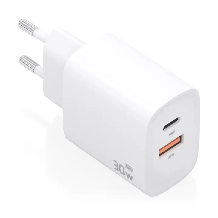 Cargador GaN 30W, 1xUSB-C PD3.0 QC4.0, 1xUSB-A QC3.0, Blanco