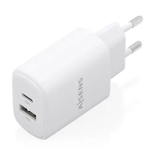 Cargador GaN 30W, 1xUSB-C PD3.0 QC4.0, 1xUSB-A QC3.0, Blanco - Imagen 2