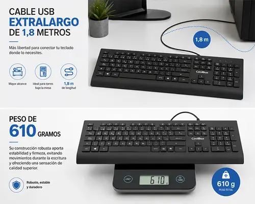 TECLADO USB TECLAS CHOCOLATE 1.8M DE CABLE 610G. SILENCIOSO - Imagen 7