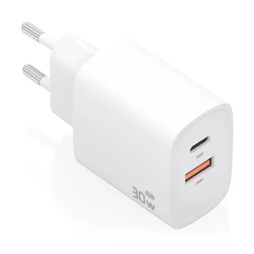 Cargador GaN 30W, 1xUSB-C PD3.0 QC4.0, 1xUSB-A QC3.0, Blanco - Imagen 1