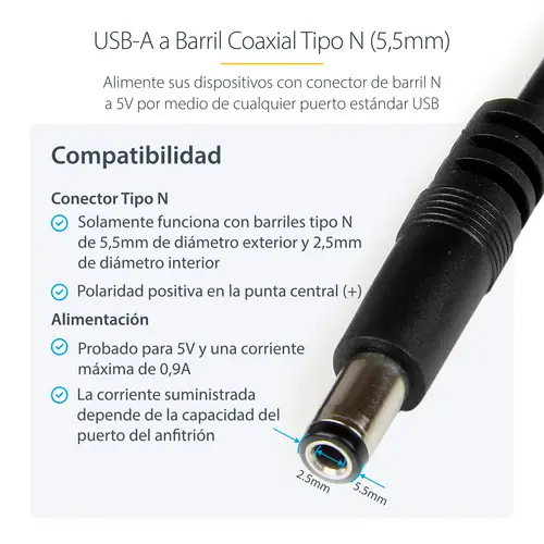 Cable Adaptador 1m USB A Macho a Conector Coaxial Barrel Alimentación Corriente Tipo N 5,5mm 5V DC - Imagen 4
