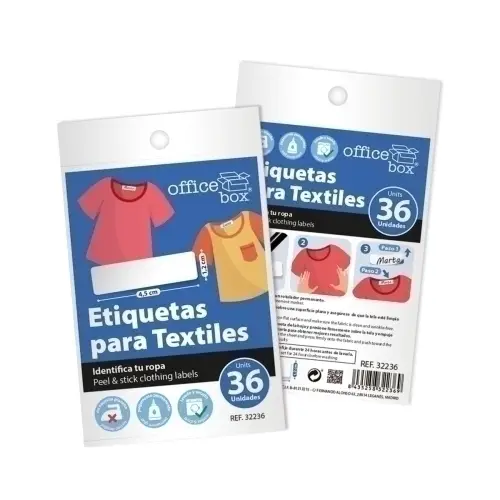 OFFICE BOX ETIQUETAS ADHESIVAS PARA TEXTILES 4,5X1,2CM BLÍSTER 36 UD BLANCO