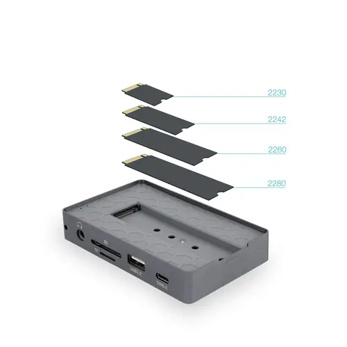 Caja externa para SSD M.2 NVMe/SATA + HUB USB-C 3.2 Gen2 con 2x USB-A 3.1 + 1x USB-A 2.0 + USB-C 3.2 Gen2 + HDMI 2.0 + RJ45 + SD/TF + AUDIO + USB-C PD 100W, Gris - Imagen 4