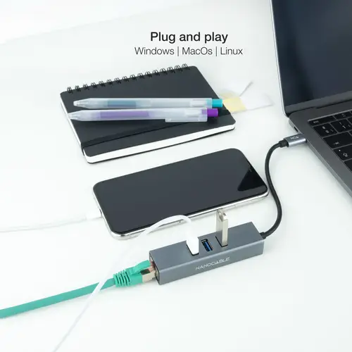 Conversor USB-C a Ethernet Gigabit + 3XUSB 3.0, Aluminio, Gris, 15 cm - Imagen 4