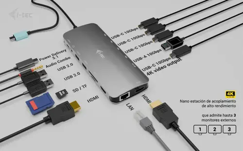 Metal USB-C Nano 3x Display Dock, 2x HDMI 1x USB-C video with Power Delivery 140W + Universal Charger 140 W - Imagen 9