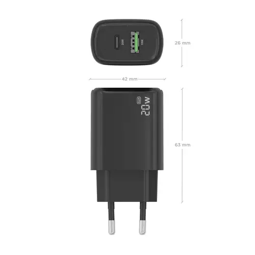 Cargador GaN 20W, 1xUSB-C PD3.0, 1xUSB-A QC3.0, Negro - Imagen 4