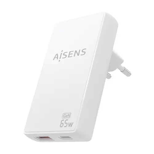 Cargador De Pared GaN Ultra Delgado 65W, 1xUSB-C PD3.0 QC4.0, 1xUSB-A QC3.0, Blanco - Imagen 2
