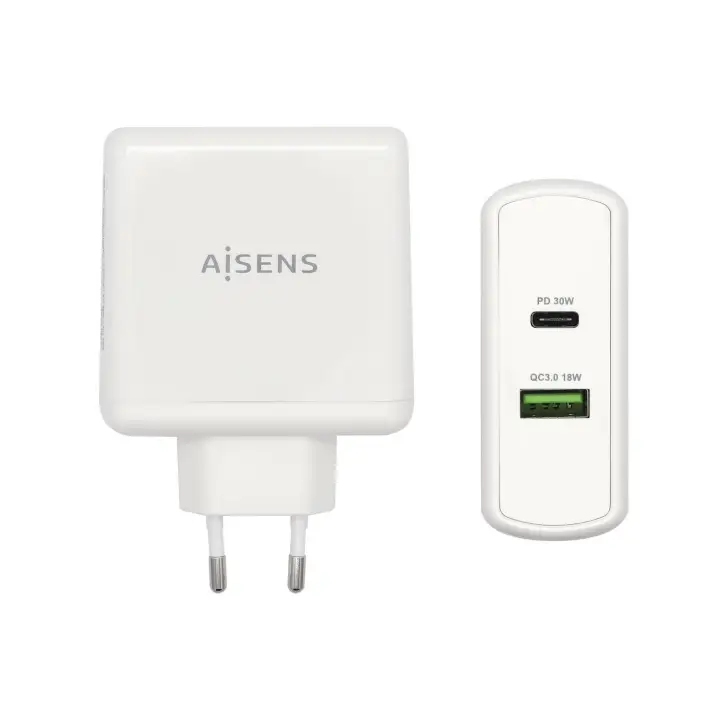 Cargador 48 W, 1x USB-C PD3.0 30 W, 1x USB-A QC3.0 18 W, Blanco