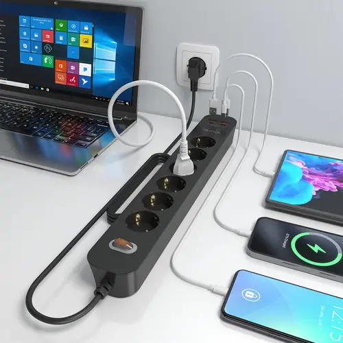 Regleta de Enchufes Multifuncion con 6 Tomas + Cargador PD3.0 20W 2xUSB-C, 2xUSB-A, 1.4m, Negro - Imagen 5