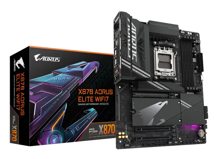 X870 AORUS ELITE WIFI7 Placa Base - Compatible con CPUs AMD Ryzen 9000, 16+2+2 fases VRM, hasta 8000MHz DDR5 (OC), 3xPCIe 5.0 + 1xPCIe 4.0, Wi-Fi 7, LAN 2.5GbE, USB 4