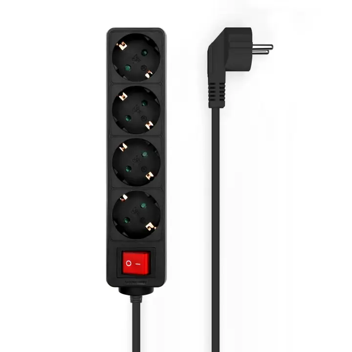 Base Multiple 4 Tomas con Interruptor con Cable 3×1.5mm2, Negro, 1.4 m