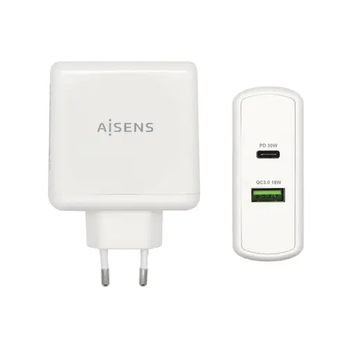 Cargador 48 W, 1x USB-C PD3.0 30 W, 1x USB-A QC3.0 18 W, Blanco - Imagen 1