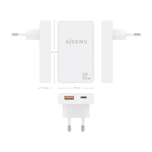 Cargador De Pared GaN Ultra Delgado 65W, 1xUSB-C PD3.0 QC4.0, 1xUSB-A QC3.0, Blanco - Imagen 4