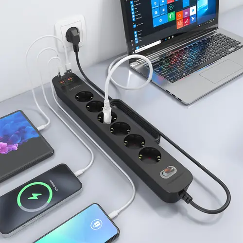 Regleta de Enchufes Multifuncion con 6 Tomas + Cargador PD3.0 20W 2xUSB-C, 2xUSB-A, 1.4m, Negro - Imagen 6