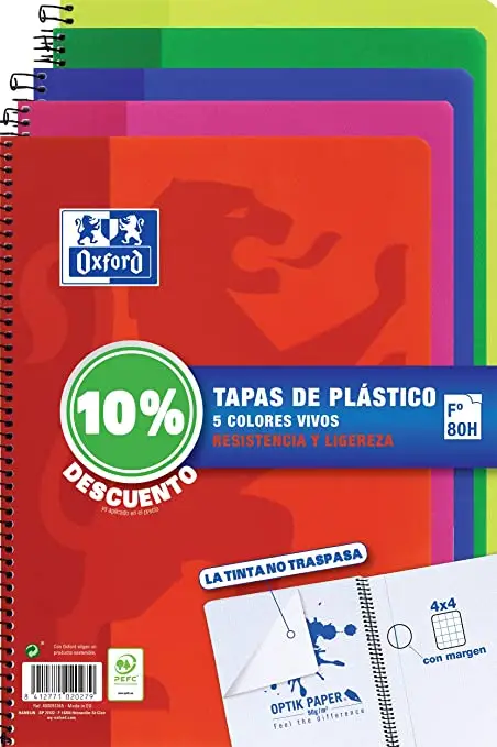 PACK 4+1 CUADERNO ESPIRAL CLASSIC W-E FOLIO 80 HOJAS 4X4 CON MARGEN COLORES VIVOS OXFORD 400122761