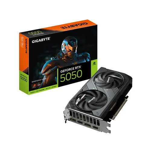 GeForce RTX 5050 WINDFORCE OC 8G Tarjeta Gráfica - 8GB GDDR6, 128bit, PCI-E 5.0, 2587MHz Frecuencia del núcleo, 2 x DP, 2 x HDMI, NVIDIA DLSS 4, GV-N5050WF2OC-8GD - Imagen 1