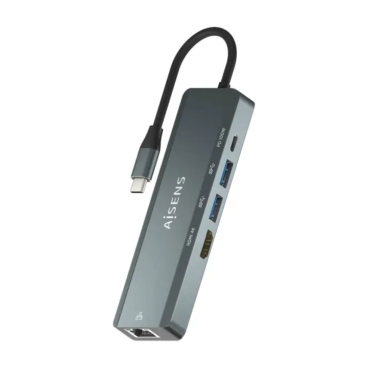 USB-C Dock 5 en 1, USB-C a 1xHDMI, 1xRJ45, 2xUSB, 1xPD, Gris, 15 cm