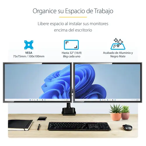 Brazo de Soporte para Dos Monitores - Base Soporte de Movimiento Articulado y Altura Ajustable para 2 Monitores VESA de hasta 32 Pulgadas 8kg - Grommet o Mordaza - Imagen 12