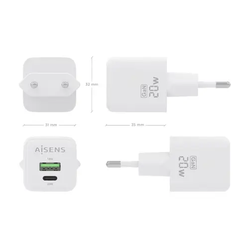 Cargador GaN 20W, 1xUSB-C PD3.0 QC4.0, 1xUSB-A QC3.0, Blanco - Imagen 4