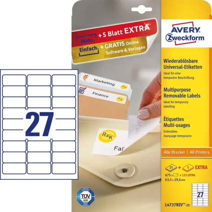 L4737REV-25 etiqueta autoadhesiva Rectángulo redondeado Desmontable Blanco 810 pieza(s)