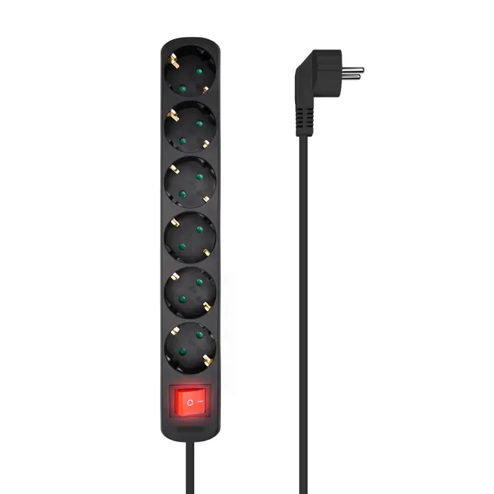 Base Multiple 6 Tomas Con Interruptor Con Cable 3x1.5mm2, Negro, 1.4m