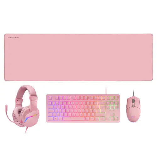 MCP-RGB3, Pack Gaming Teclado Fixed RGB + Ratón Gaming RGB Flow 3200 DPI + Auriculares Over-Ear RGB + Alfombrilla XXL, Rosa, Idioma Español - Imagen 1