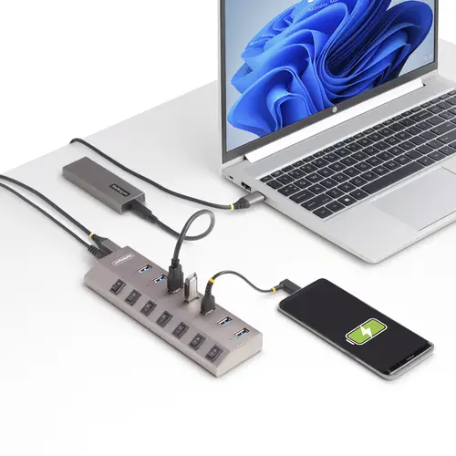 Hub USB-C Autoalimentado de 7 puertos con Interruptores Individuales - Concentrador USB 3.0 a 5 Gbps con Fuente de Alimentación - Ladrón USB Tipo C a USB-A - BC 1.2 - Imagen 10