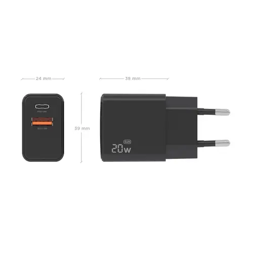 Cargador GaN 20W, 1xUSB-C PD3.0, 1xUSB-A QC3.0, Negro - Imagen 4