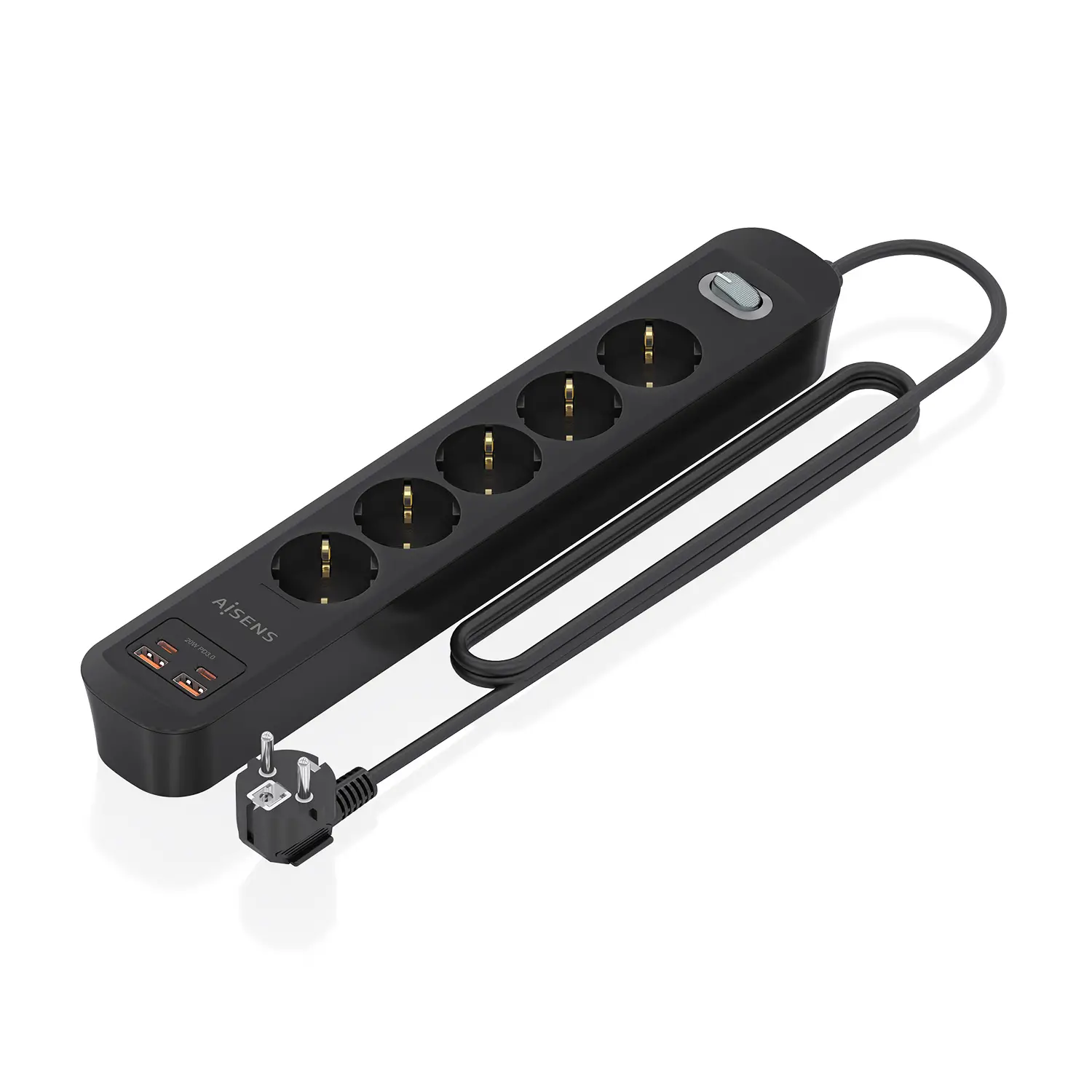 Regleta de Enchufes Multifuncion con 5 Tomas + Cargador PD3.0 20W 2xUSB-C, 2xUSB-A, 1.4m, Negro