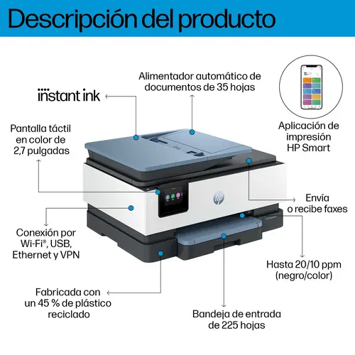 OfficeJet Pro 8125e Inalámbrico All-in-One Color Impresora, Servicio Instant Ink  Impresión a doble cara - Imagen 4