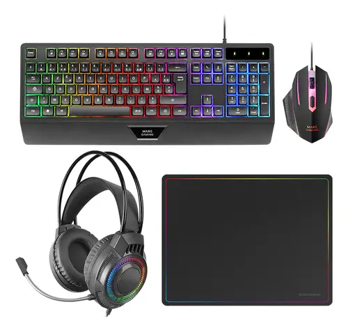MCP124PRO, Combo Gaming 4en1, Teclado RGB H-Mech con Reposamuñecas, Ratón RGB 3200DPI y Switches HUANO, Auriculares FRGB, Alfombrilla Nanotextil 36x26cm, Multiplataforma, Español, Negro - Imagen 1