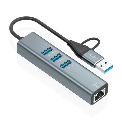 Conversor USB3.2 Gen1 USB-A+USB-C A Ethernet Gigabit 10/100/1000 Mbps + Hub 3xUSB3.0, Gris, 15cm - Imagen 2