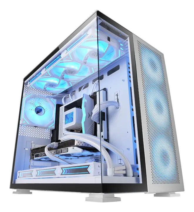 MC-NOVA2, Caja Gaming Custom XXL E-ATX, Doble Cristal Templado Continuo Sin Marco, Soporte Completo Refrigeración Líquida, Aluminio Aeroespacial 2mm, Torre PC de Doble Cámara, USB-C, Blanco