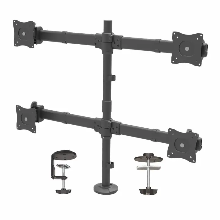 Brazo de Escritorio para 4 Monitores 2x2 de hasta 27" con Montaje VESA- Soporte Ergonómico con Mástil, Articulado y Altura Ajustable - Inclinación/Giro/Rotación - Abrazadera/Ojal