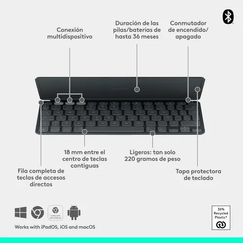 Keys-To-Go 2, teclado inalámbrico portátil para iPad con tapa integrada, estilizado y compacto, para iPad, iPhone, Mac y Apple TV, para alternar fácilmente entre dispositivos, Grafite - Imagen 6