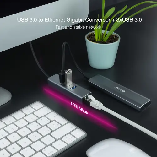 Conversor USB 3.0 a Ethernet Gigabit + 3XUSB 3.0, Aluminio, Gris, 15 cm - Imagen 3