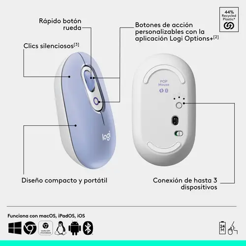 POP Mouse, ratón inalámbrico Bluetooth compacto y portátil con botones programables y clics discretos, tecnología Easy-Switch para alternar hasta 3 dispositivos, portátil, tablet, PC: Lila - Imagen 6