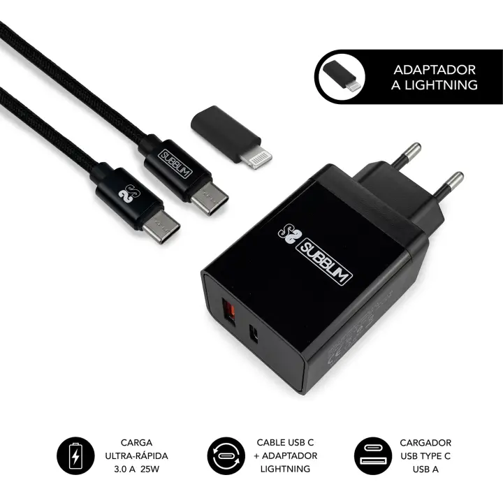 CARGADOR ULTRA RAPIDO 2xUSB DE PARED PD25W+QC3.0+Cable C to C y lightning Negro