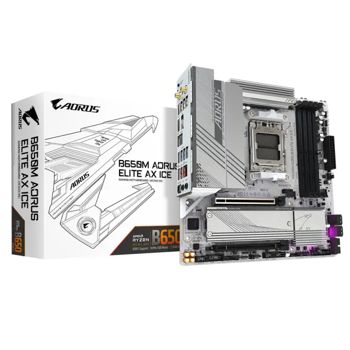 B650M AORUS ELITE AX ICE Placa base - AMD Ryzen serie 9000, VRM de 12+2+2 fases, hasta 8000 MHz DDR5 (OC), 1xPCIe 5.0 + 1xPCIe 4.0 M.2, LAN 2,5 GbE, WIFI 6E, USB 3.2 Gen 2x2