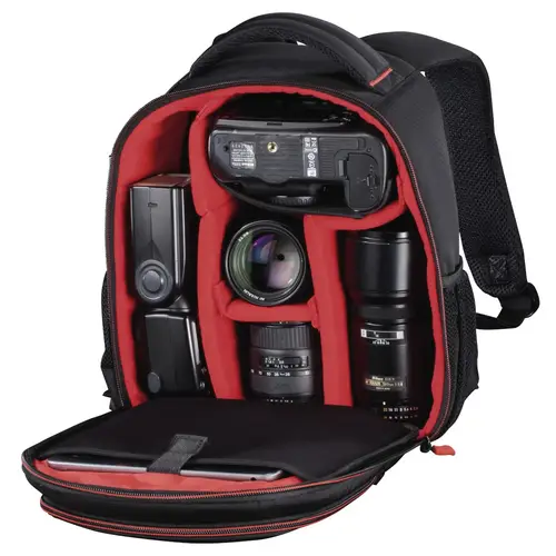 Mochila para equipo fotográfico, Funda tipo mochila para cámara réflex, compartimientos extraíbles, color negro y rojo - Imagen 5