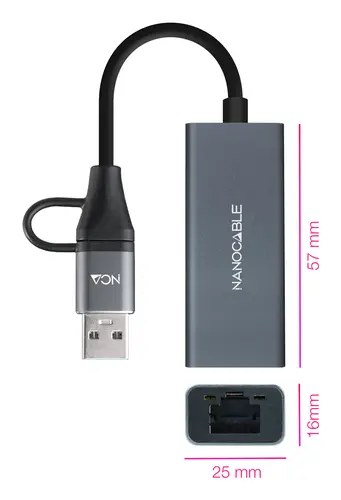 Conversor USB-C+USB-A/M 3.0 a Ethernet, Aluminio, Gris, 15 cm - Imagen 2