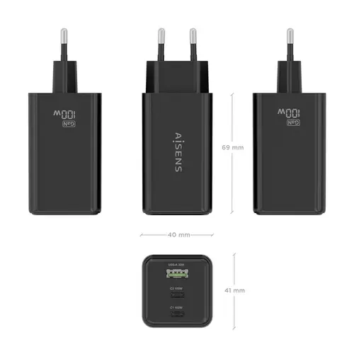 Cargador GaN 100W, 2x USB-C PD3.0 QC4.0 QC5.0, 1x USB-A QC3.0, Negro - Imagen 4