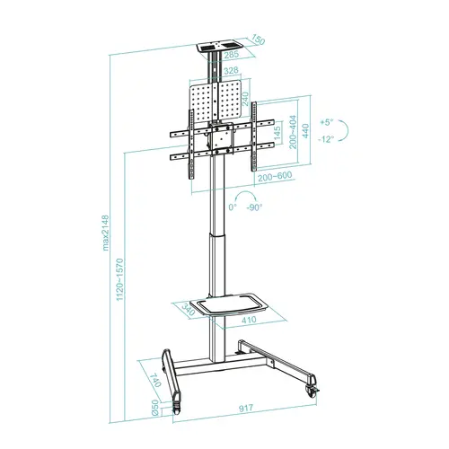 COMETA Soporte de Suelo con Ruedas con Regulación de Altura para Pantallas 37"- 70", Rotación 90°, Negro - Imagen 8
