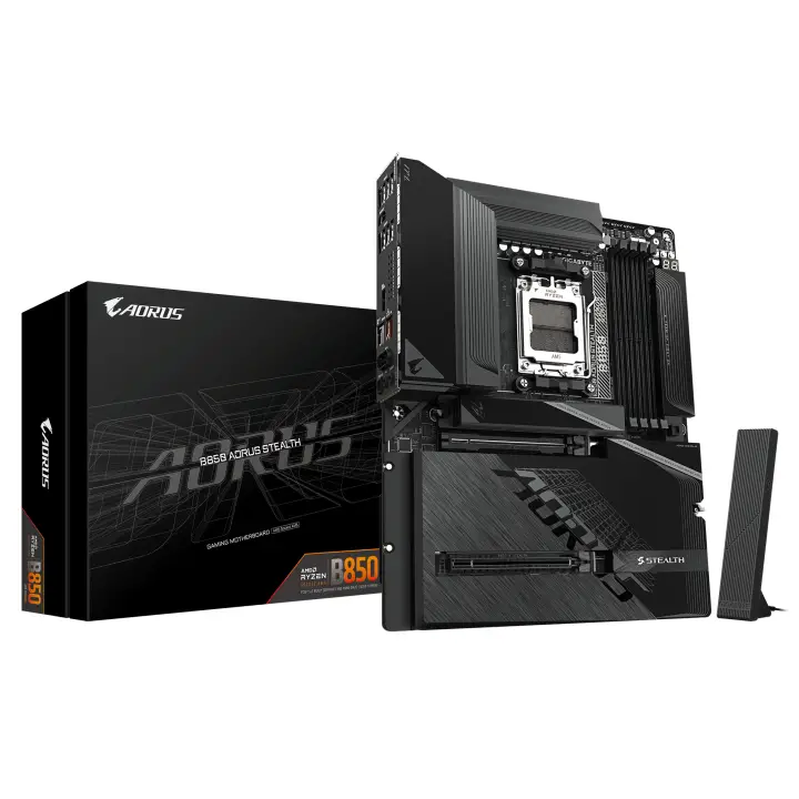B850 AORUS STEALTH Placa Base  CPUs AMD Ryzen Serie 9000, VRM digital de 14+2+2 fases, hasta 8200 MHz DDR5 (O.C.), 2× M.2 PCIe 5.0 + 2× M.2 PCIe 4.0, Wi-Fi 7, LAN 5 GbE, USB 3.2 Gen 2