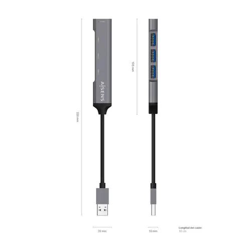 Hub USB 3.0 Aluminio, Tipo A/M - 4x Tipo A/H, Gris, 10cm - Imagen 4