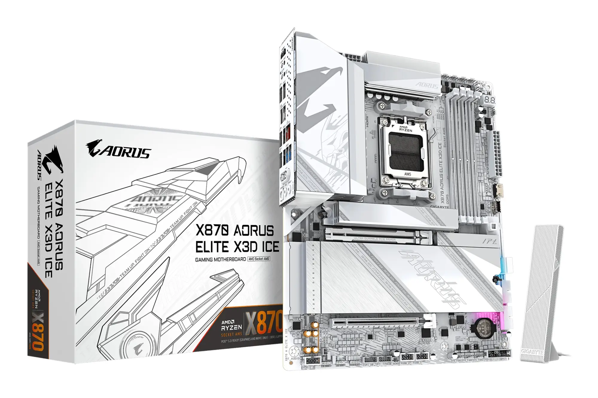 X870 AORUS ELITE X3D ICE Placa Base - Compatible con procesadores AMD Ryzen 9000, VRM digital de 16+2+2 fases, hasta 9000Hz DDR5 (OC), 2xPCIe 5.0 + 2xPCIe 4.0, Wi-Fi 7, LAN 2.5GbE, USB 4