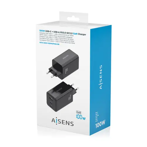 Cargador GaN 100W, 2x USB-C PD3.0 QC4.0 QC5.0, 1x USB-A QC3.0, Negro - Imagen 7