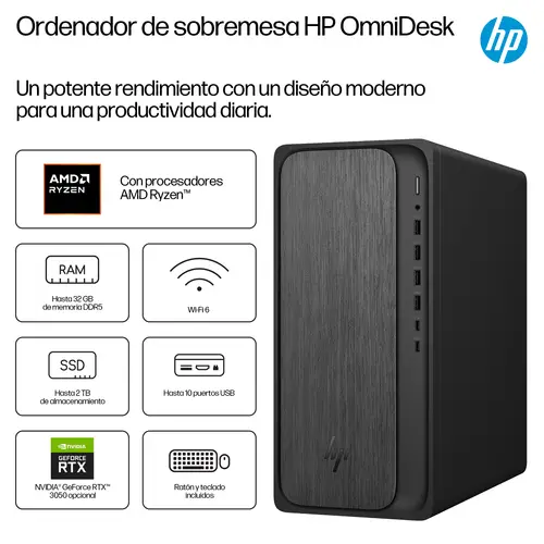 OmniDesk Desktop M02-0025ns PC AMD Ryzen 5 8500G 16 GB DDR5-SDRAM 1 TB SSD Windows 11 Home Torre AI PC Negro, Gris - Imagen 4